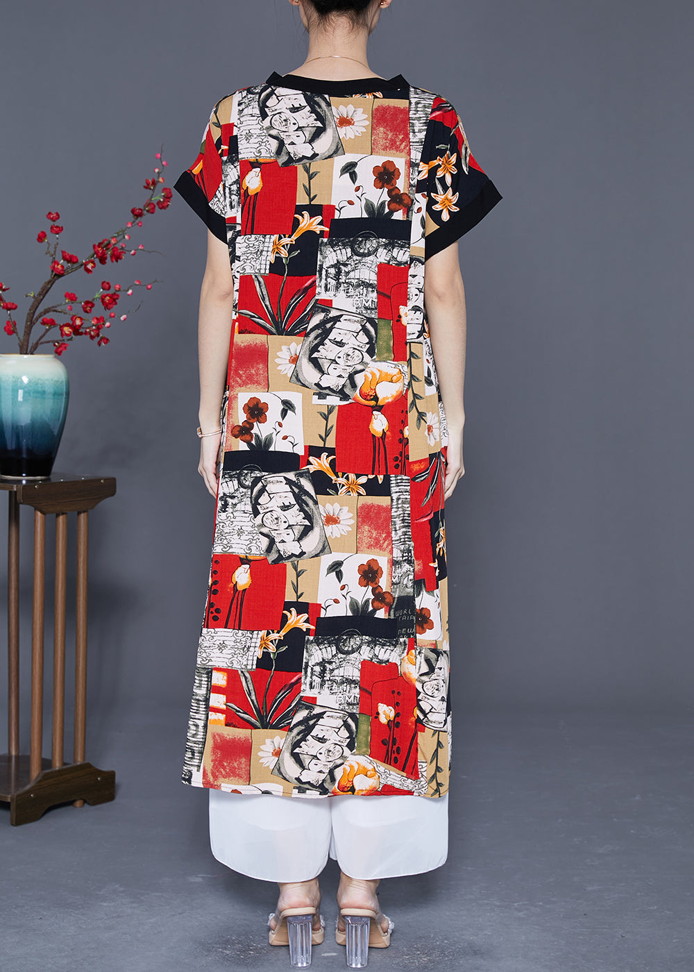 Modern Red V Neck Print Cotton Long Dresses Summer LY5405 - fabuloryshop