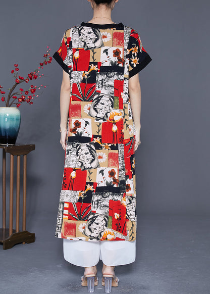 Modern Red V Neck Print Cotton Long Dresses Summer LY5405 - fabuloryshop