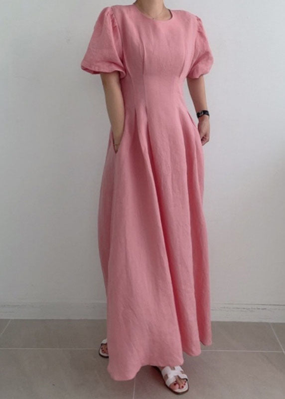 Modern Rose Cinched Wrinkled Linen Long Dress Puff Sleeve LY1369 - fabuloryshop