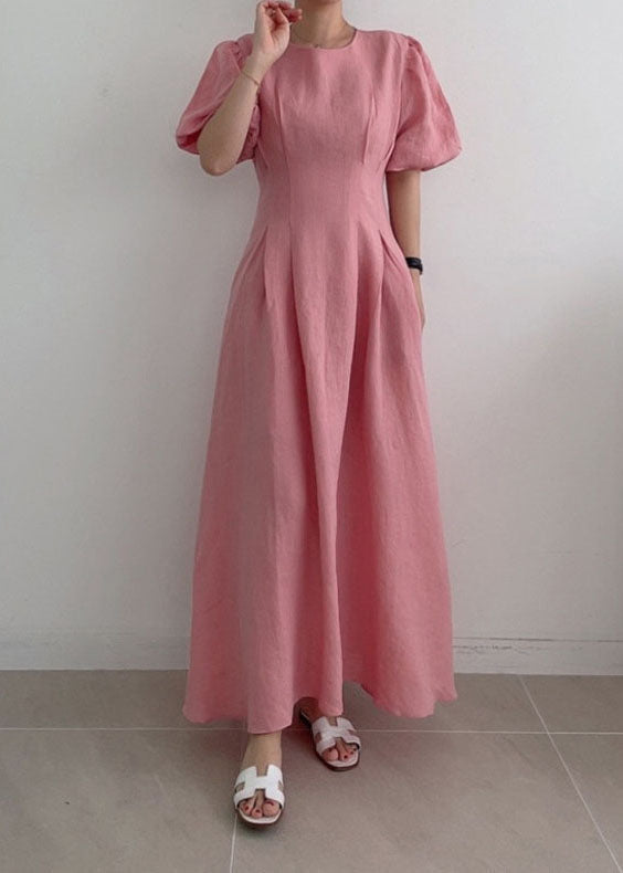 Modern Rose Cinched Wrinkled Linen Long Dress Puff Sleeve LY1369 - fabuloryshop