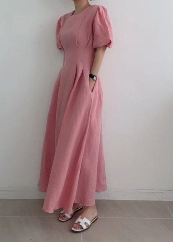 Modern Rose Cinched Wrinkled Linen Long Dress Puff Sleeve LY1369 - fabuloryshop