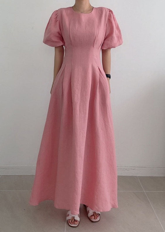 Modern Rose Cinched Wrinkled Linen Long Dress Puff Sleeve LY1369 - fabuloryshop