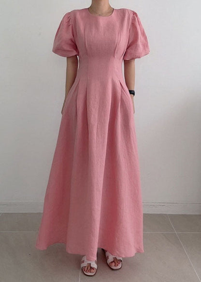 Modern Rose Cinched Wrinkled Linen Long Dress Puff Sleeve LY1369 - fabuloryshop