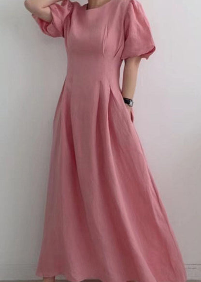 Modern Rose Cinched Wrinkled Linen Long Dress Puff Sleeve LY1369 - fabuloryshop