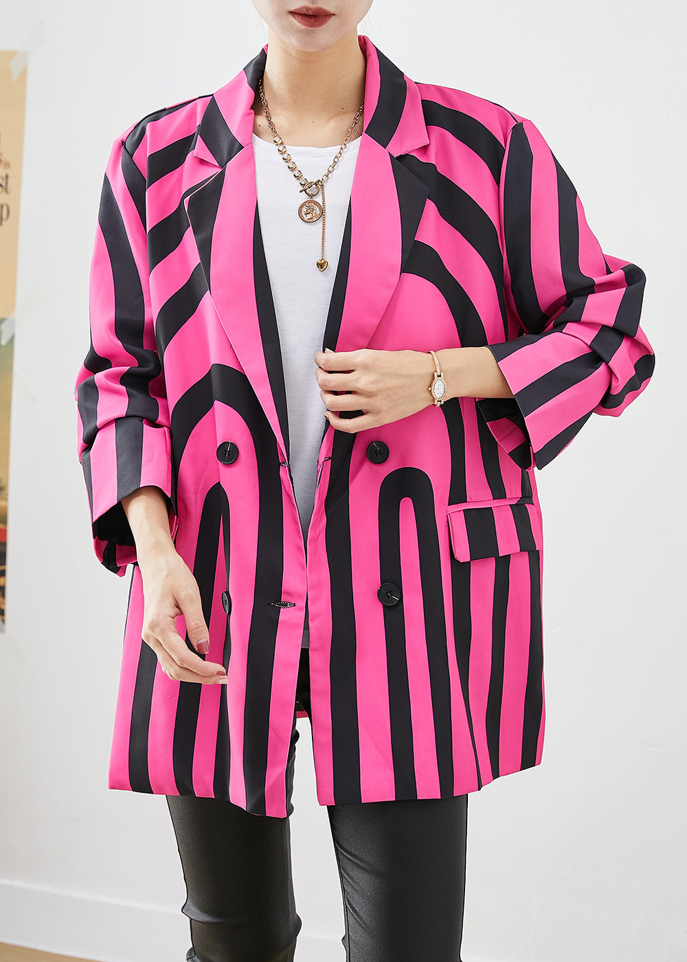 Modern Rose Lapel Zebra Pattern Striped Spandex Coat Fall Ada Fashion