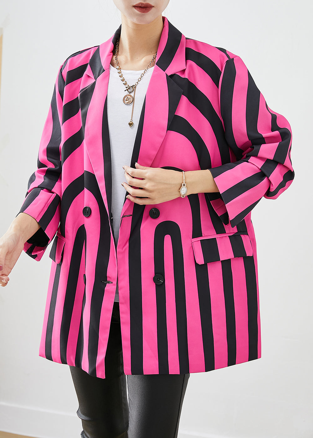 Modern Rose Lapel Zebra Pattern Striped Spandex Coat Fall Ada Fashion