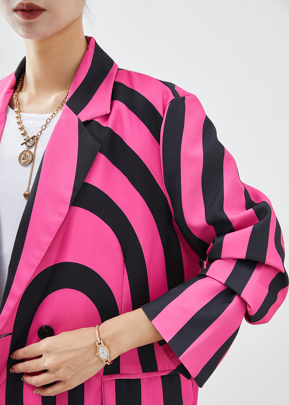 Modern Rose Lapel Zebra Pattern Striped Spandex Coat Fall Ada Fashion