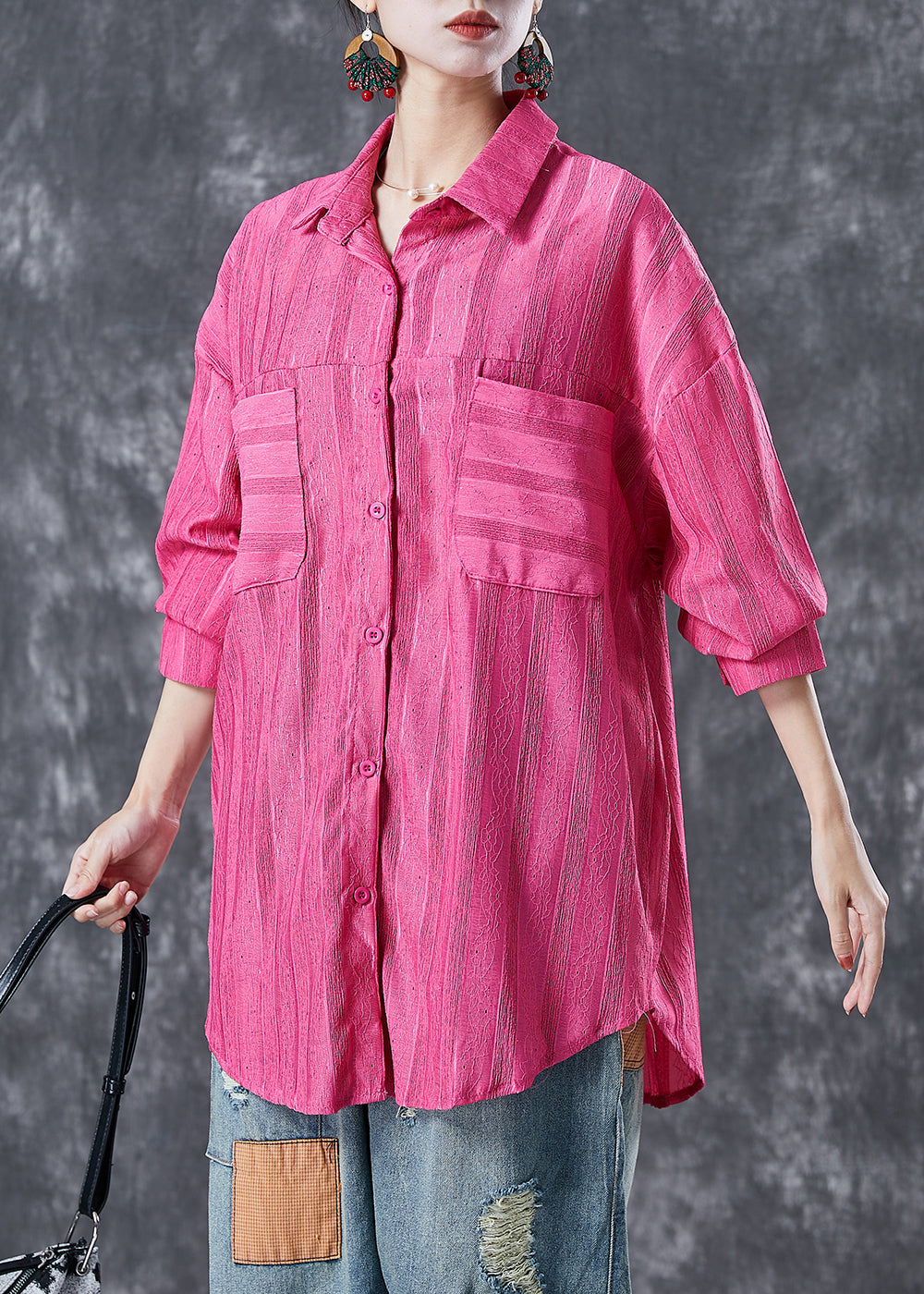 Modern Rose Oversized Striped Cotton Shirt Top Summer Ada Fashion