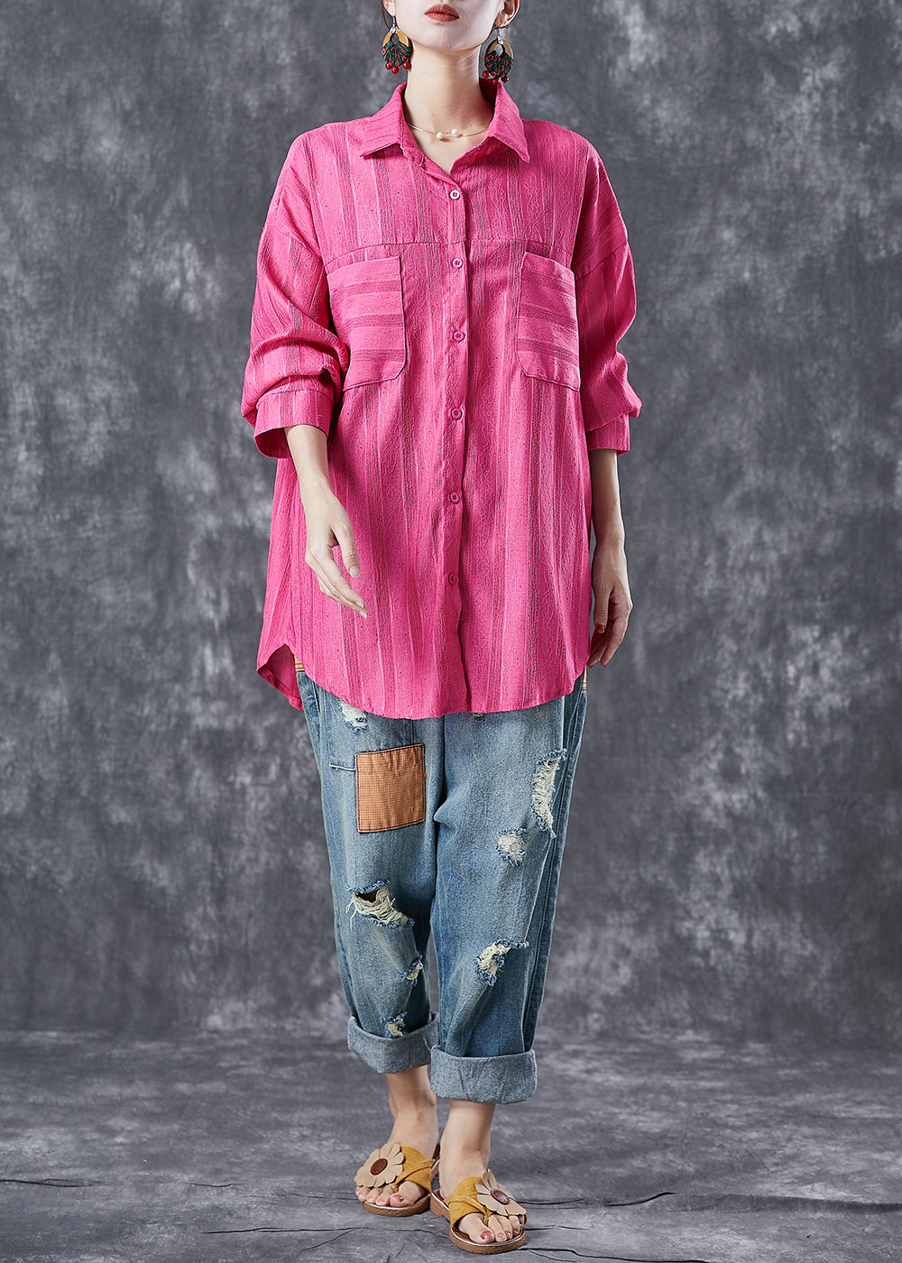 Modern Rose Oversized Striped Cotton Shirt Top Summer Ada Fashion