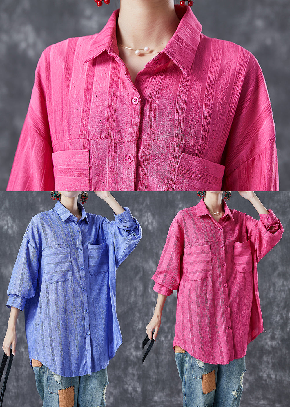 Modern Rose Oversized Striped Cotton Shirt Top Summer Ada Fashion