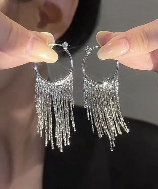 Modern Silk Copper Alloy Zircon Tassel Hoop Earrings Ada Fashion