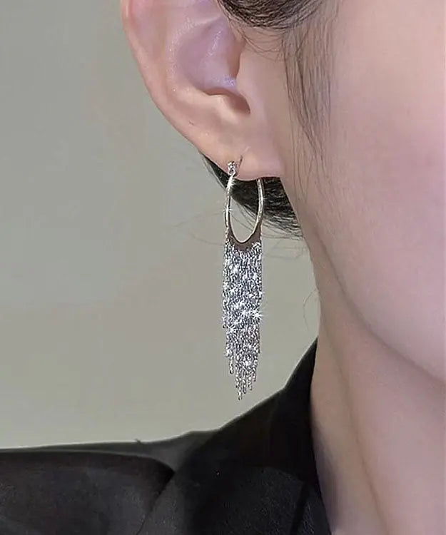 Modern Silk Copper Alloy Zircon Tassel Hoop Earrings Ada Fashion