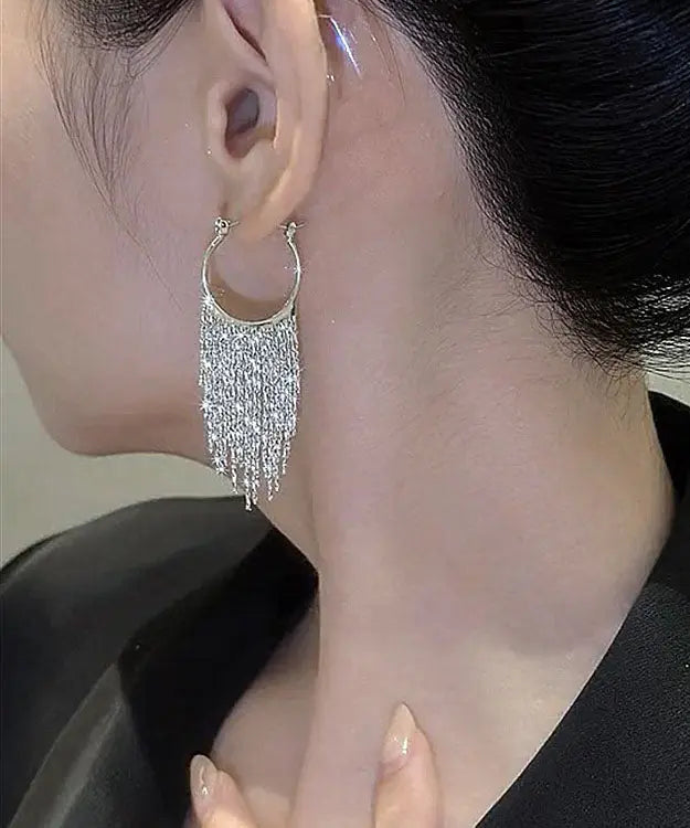 Modern Silk Copper Alloy Zircon Tassel Hoop Earrings Ada Fashion