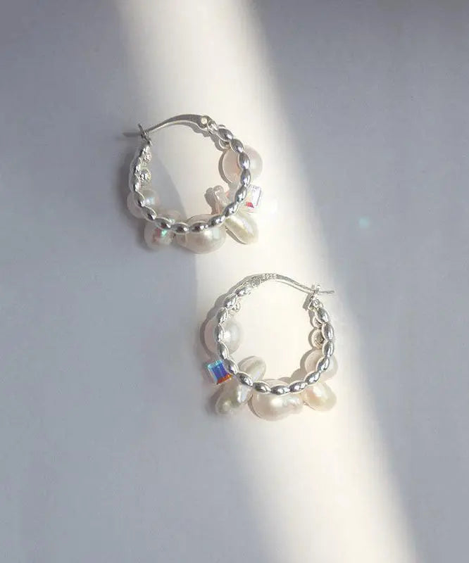 Modern Silk Sterling Silver Asymmetricar Crystal Pearl Hoop Earrings Ada Fashion