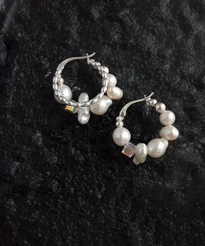 Modern Silk Sterling Silver Asymmetricar Crystal Pearl Hoop Earrings Ada Fashion