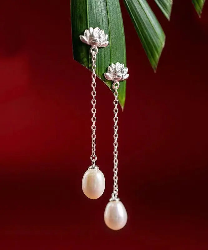 Modern Silk Sterling Silver Inlaid Pearl Lotus Drop Earrings Ada Fashion