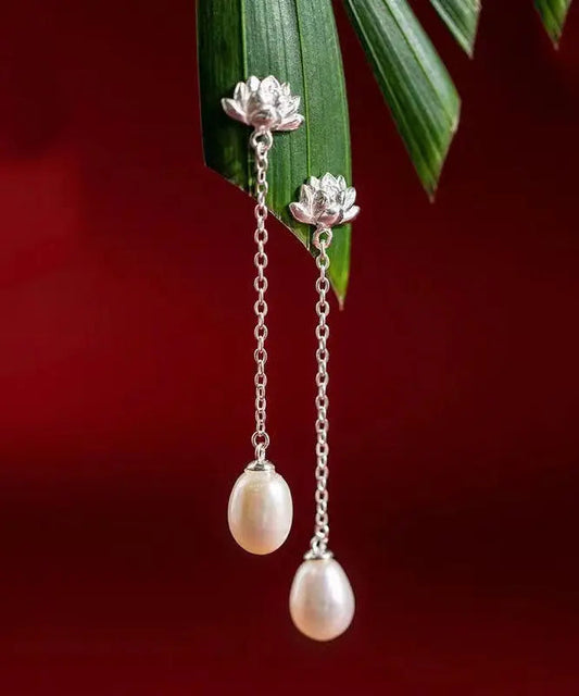 Modern Silk Sterling Silver Inlaid Pearl Lotus Drop Earrings Ada Fashion