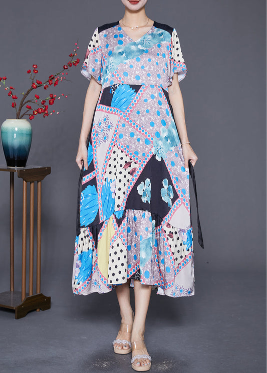 Modern V Neck Ruffles Patchwork Print Silk Dress Summer Ada Fashion