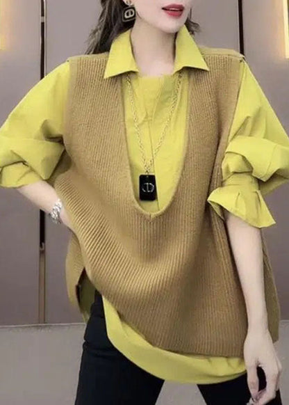 Modern V Neck Yellow Knit Waistcoat And Shirts Two Pieces Set Long Sleeve Ada Fashion