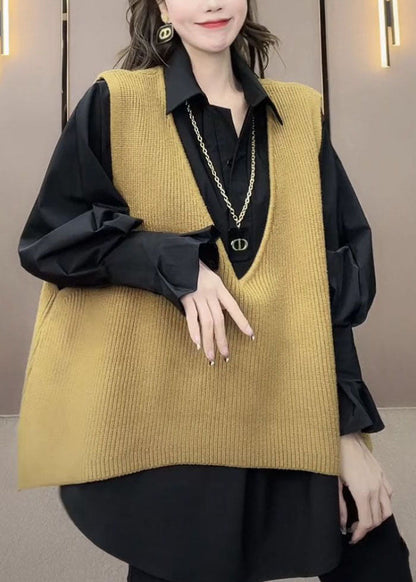 Modern V Neck Yellow Knit Waistcoat And Shirts Two Pieces Set Long Sleeve Ada Fashion