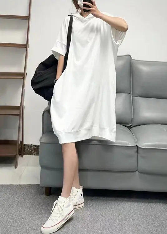 Modern White Hooded Pockets Patchwork Cotton Dresses Summer Ada Fashion