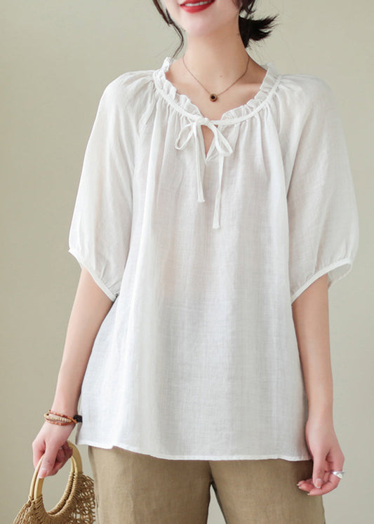 Modern White Lace Up Ruffled Linen Shirts Summer LY5308 - fabuloryshop