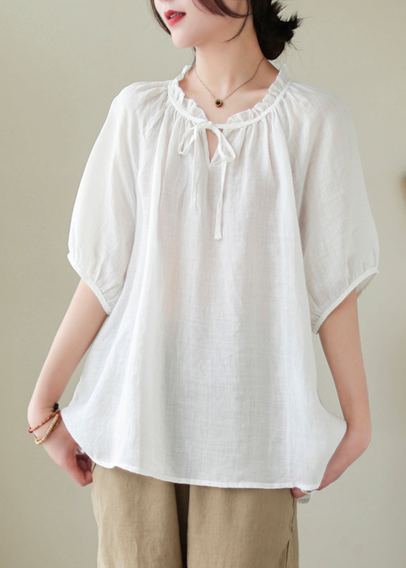 Modern White Lace Up Ruffled Linen Shirts Summer LY5308 - fabuloryshop