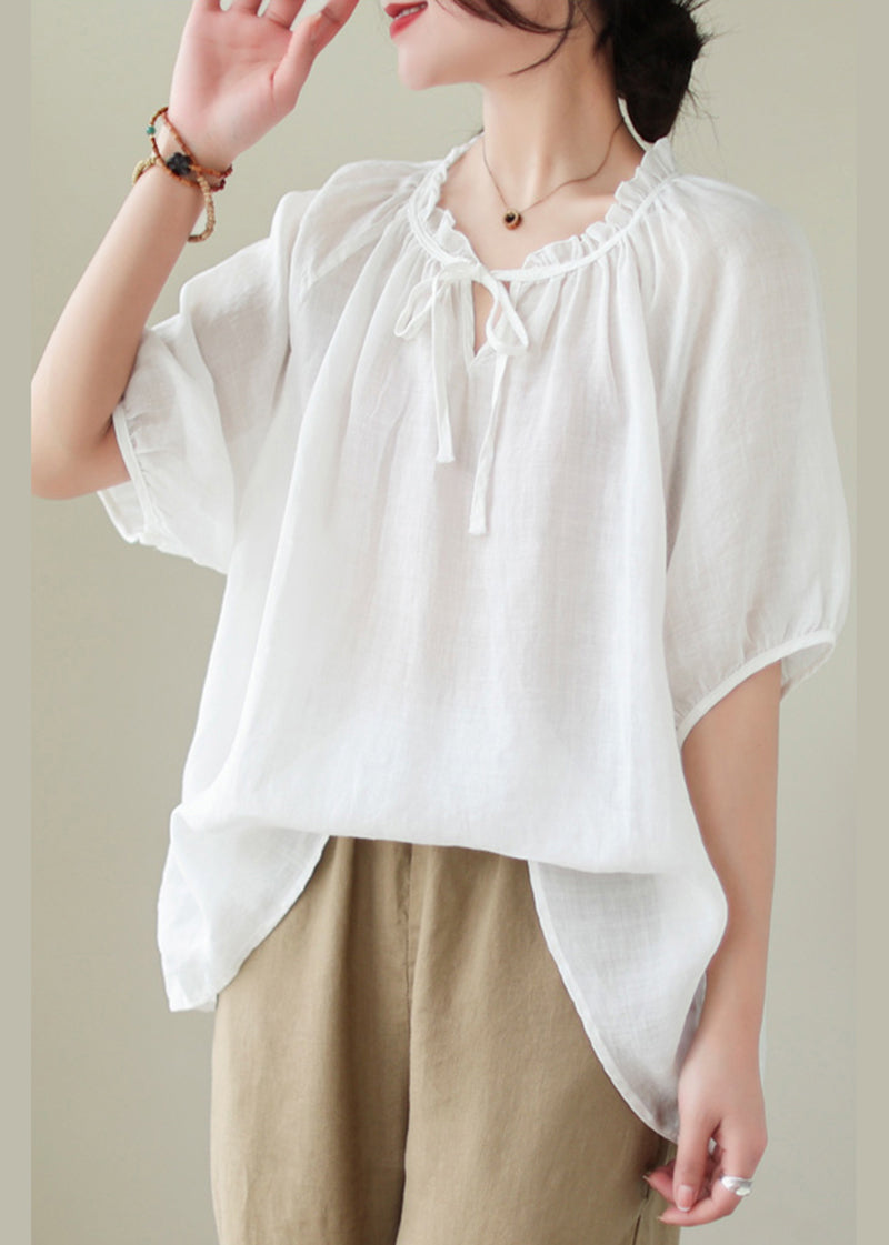 Modern White Lace Up Ruffled Linen Shirts Summer LY5308 - fabuloryshop