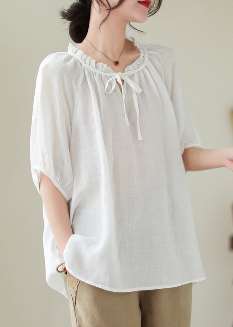 Modern White Lace Up Ruffled Linen Shirts Summer LY5308 - fabuloryshop