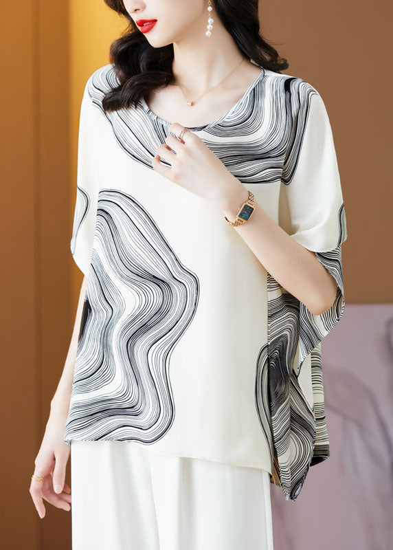 Modern White O Neck Print Patchwork Silk Shirt Top Summer LY0478
