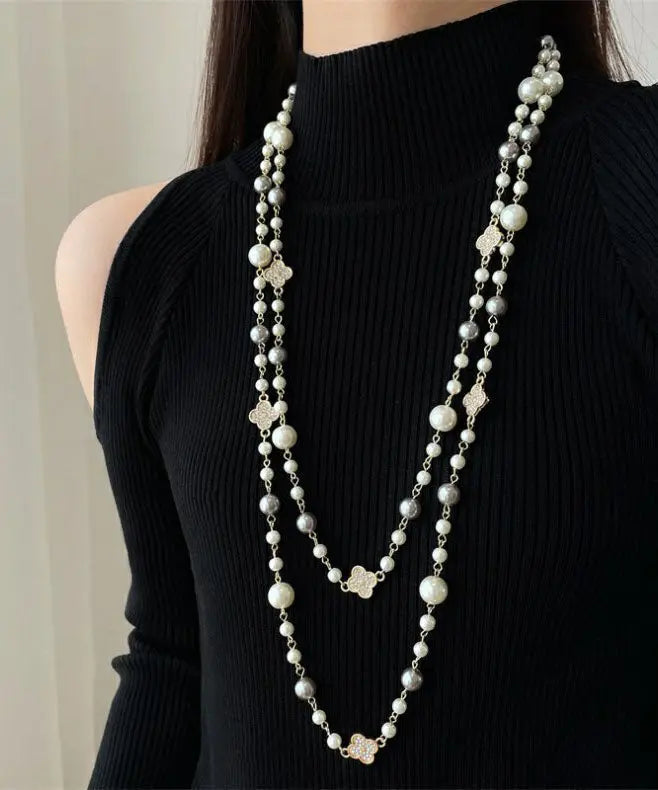 Modern White Overgild Pearl Clover Zircon Princess Necklace Ada Fashion