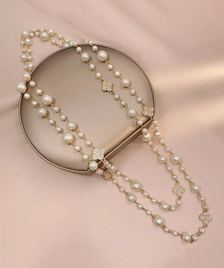 Modern White Overgild Pearl Clover Zircon Princess Necklace Ada Fashion