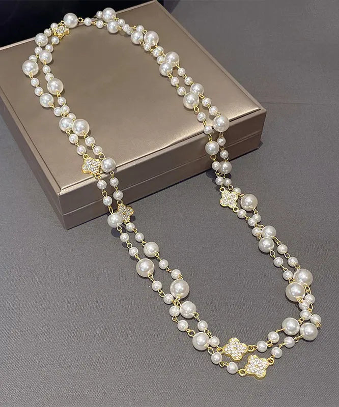Modern White Overgild Pearl Clover Zircon Princess Necklace Ada Fashion