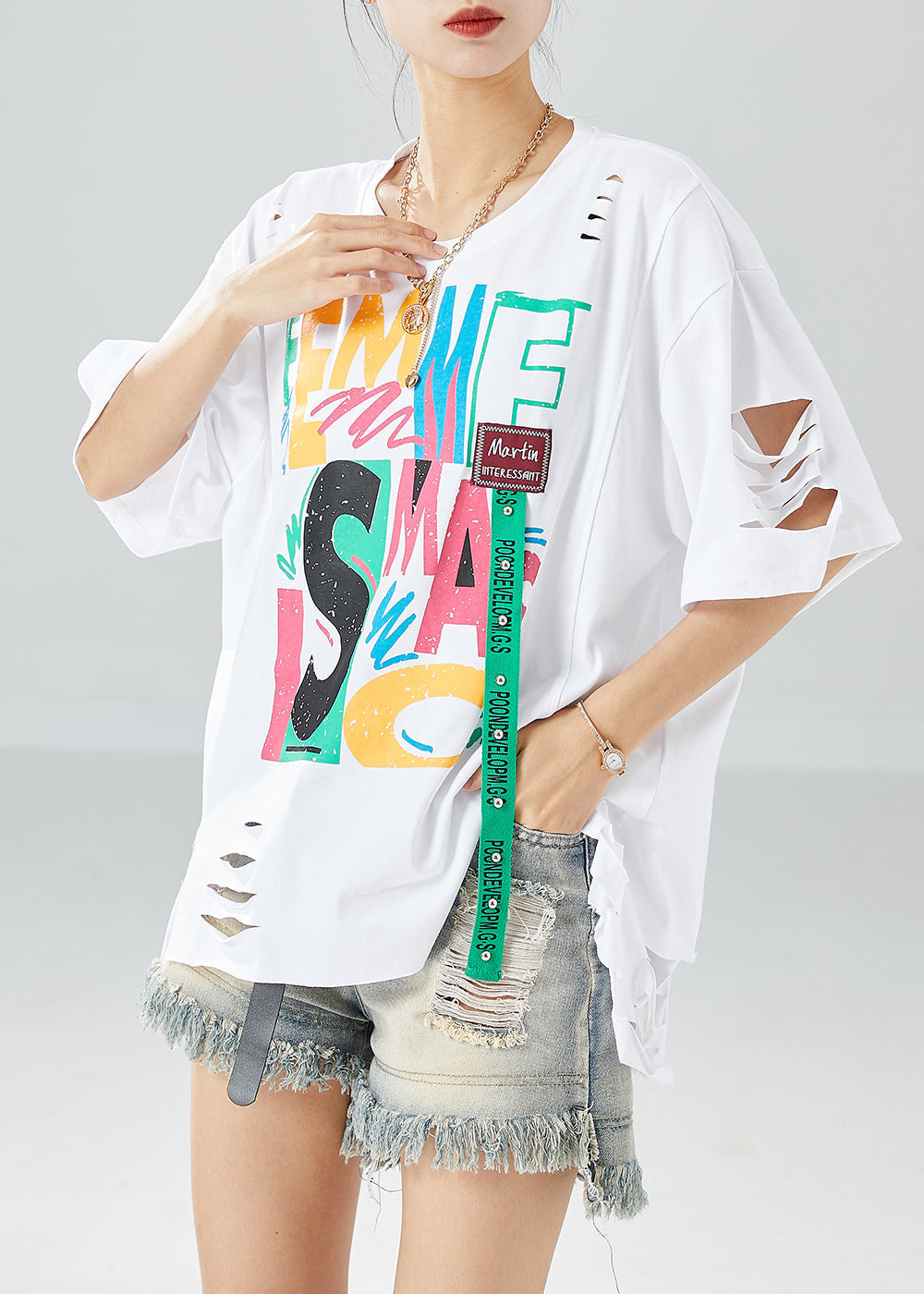 Modern White Oversized Ripped Cotton Beach Vest Summer LY6126 - fabuloryshop