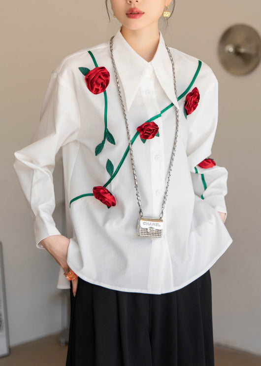 Modern White Peter Pan Collar Floral Button Cotton Shirt Spring LY0757 - fabuloryshop