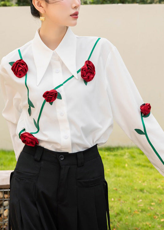 Modern White Peter Pan Collar Floral Button Cotton Shirt Spring LY0757 - fabuloryshop