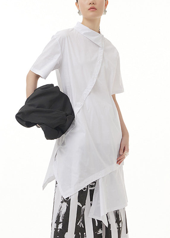 Modern White Peter Pan Collar Patchwork Solid Cotton Long Shirts Summer LY1203 - fabuloryshop