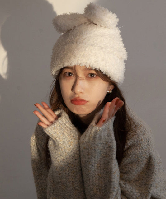 Modern White Rabbit Ears Warm Knit Bonnie Hat LY538