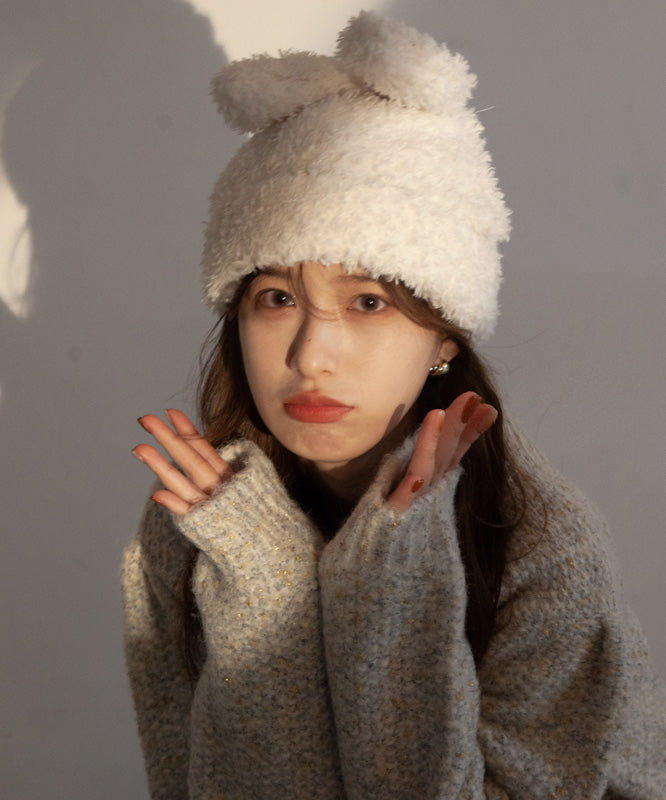 Modern White Rabbit Ears Warm Knit Bonnie Hat LY538 - fabuloryshop