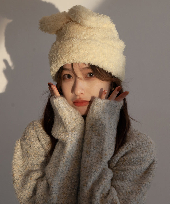 Modern White Rabbit Ears Warm Knit Bonnie Hat LY538 - fabuloryshop