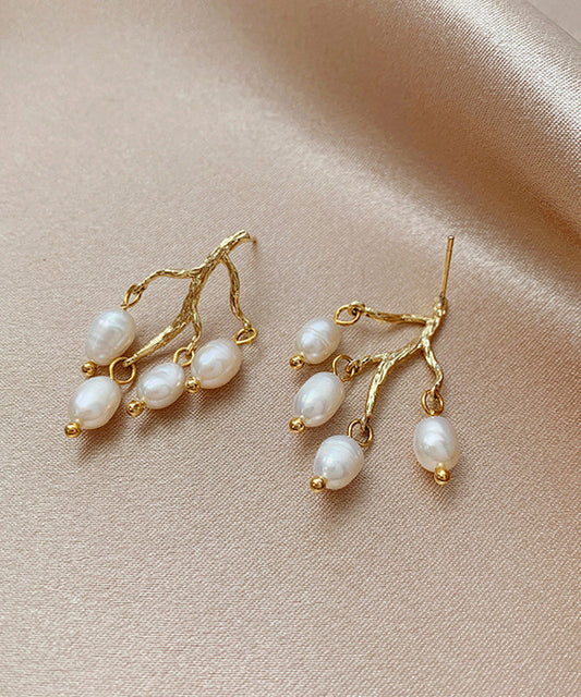 Modern White Sterling Silver Overgild Inlaid Pearl Branch Shaped Hoop Earrings LY1805 - fabuloryshop