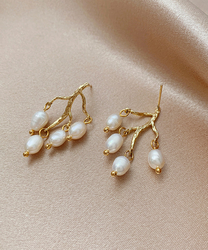 Modern White Sterling Silver Overgild Inlaid Pearl Branch Shaped Hoop Earrings LY1805 - fabuloryshop