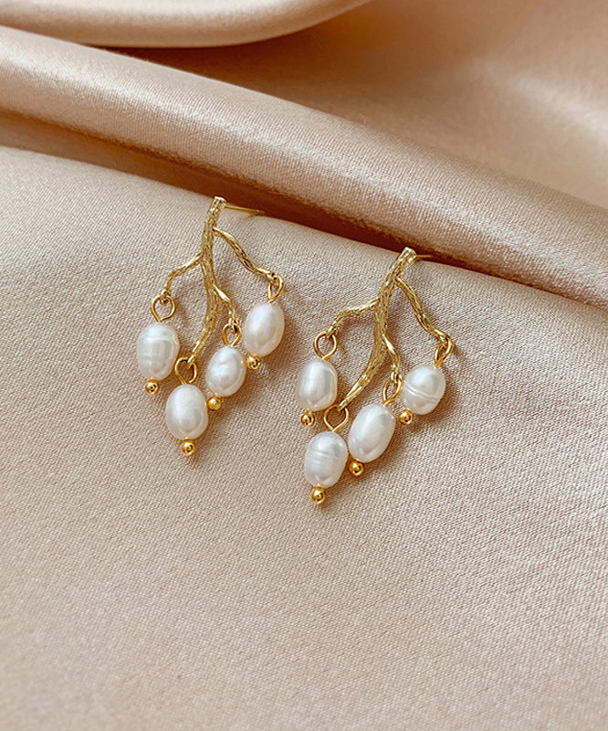 Modern White Sterling Silver Overgild Inlaid Pearl Branch Shaped Hoop Earrings LY1805 - fabuloryshop