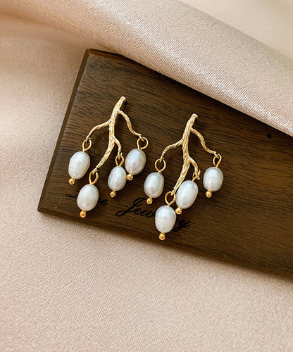 Modern White Sterling Silver Overgild Inlaid Pearl Branch Shaped Hoop Earrings LY1805 - fabuloryshop