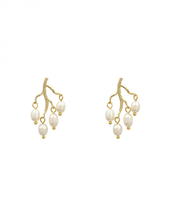 Modern White Sterling Silver Overgild Inlaid Pearl Branch Shaped Hoop Earrings LY1805 - fabuloryshop