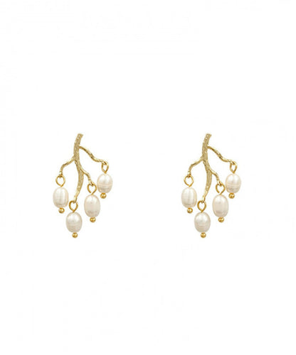 Modern White Sterling Silver Overgild Inlaid Pearl Branch Shaped Hoop Earrings LY1805 - fabuloryshop