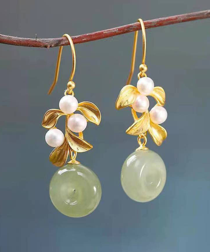 Modern White Sterling Silver Overgild Inlaid Pearl Jade Drop Earrings TW1013 - fabuloryshop