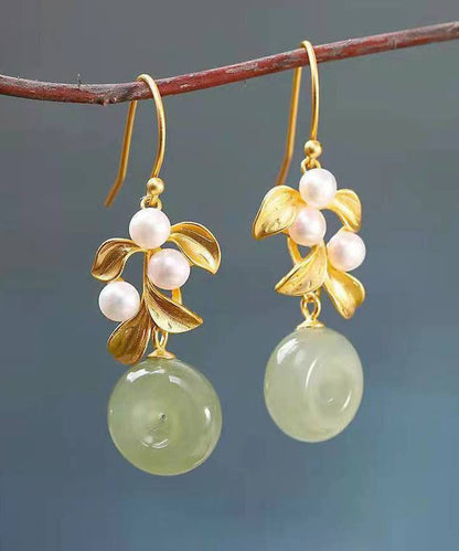 Modern White Sterling Silver Overgild Inlaid Pearl Jade Drop Earrings Ada Fashion