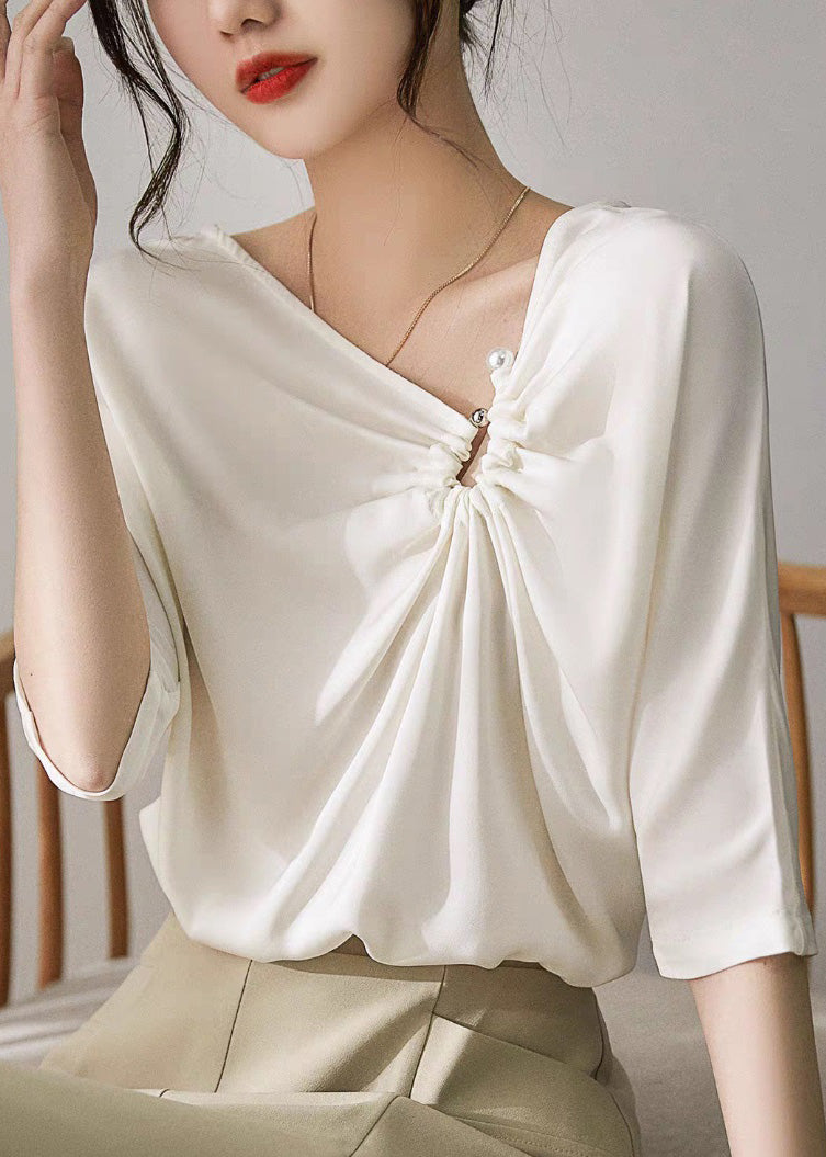 Modern White V Neck Cinched Pearl Satin Shirts Half Sleeve LY0353 - fabuloryshop