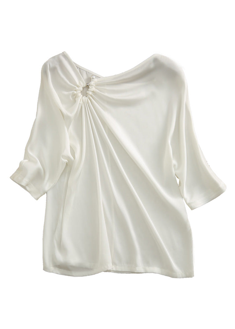 Modern White V Neck Cinched Pearl Satin Shirts Half Sleeve LY0353 - fabuloryshop